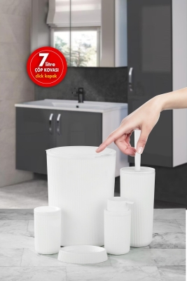 Çöp Kovası, Tuvalet Fırçası, Sıvı Sabunluk Diş Fırçalık Katı Sabunluk 5 Parça Banyo Seti 7 Lt. Beyaz - 2