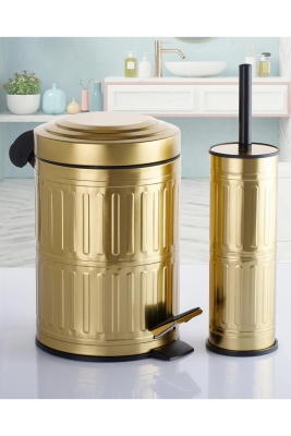 Pedallı Çöp Kovası Tuvalet Wc Fırçası Banyo Çöp Kovası 2li Banyo Seti 5 Litre Gold Vintage - 3