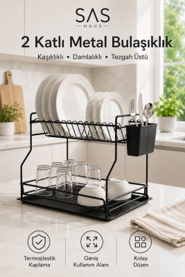 SAS Haus 2 Katlı Metal Bulaşıklık Kaşıklıklı ve Damlalıklı Tezgâh Üstü Bulaşık Kurutmalık DTB-02 - SAS HAUS