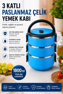 SAS HAUS 3 Katlı Paslanmaz Çelik Yemek Kabı 1800 ML Sızdırmaz Kapaklı Taşınabilir Lunch Box - Sas Haus