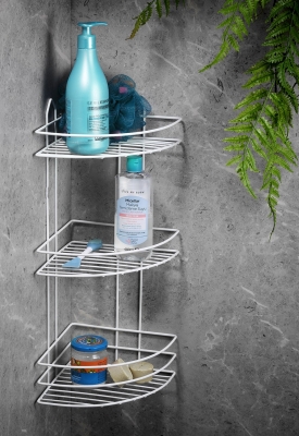 Ömür Boyu Paslanmaz Yapışkanlı Banyo Köşeliği Düzenleyici Şampuanlık Duş Rafı Beyaz EK-03 - Sas Haus