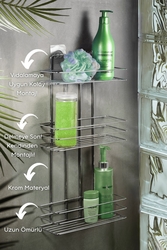 Sas Yapışkanlı Düz Banyo Düzenleyici Şampuanlık Duş Rafı Krom TŞ-03 - Thumbnail