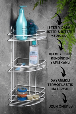 SAS Ömür Boyu Paslanmaz Yapışkanlı Banyo Köşeliği Düzenleyici Şampuanlık Duş Rafı Beyaz EK-03 - 2